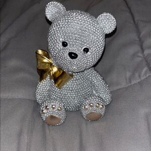 Sparkling Silver Teddy Bear with Gold Bow